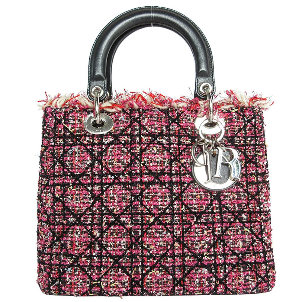 Christian Dior Lady handbag tweed leather pink black silver